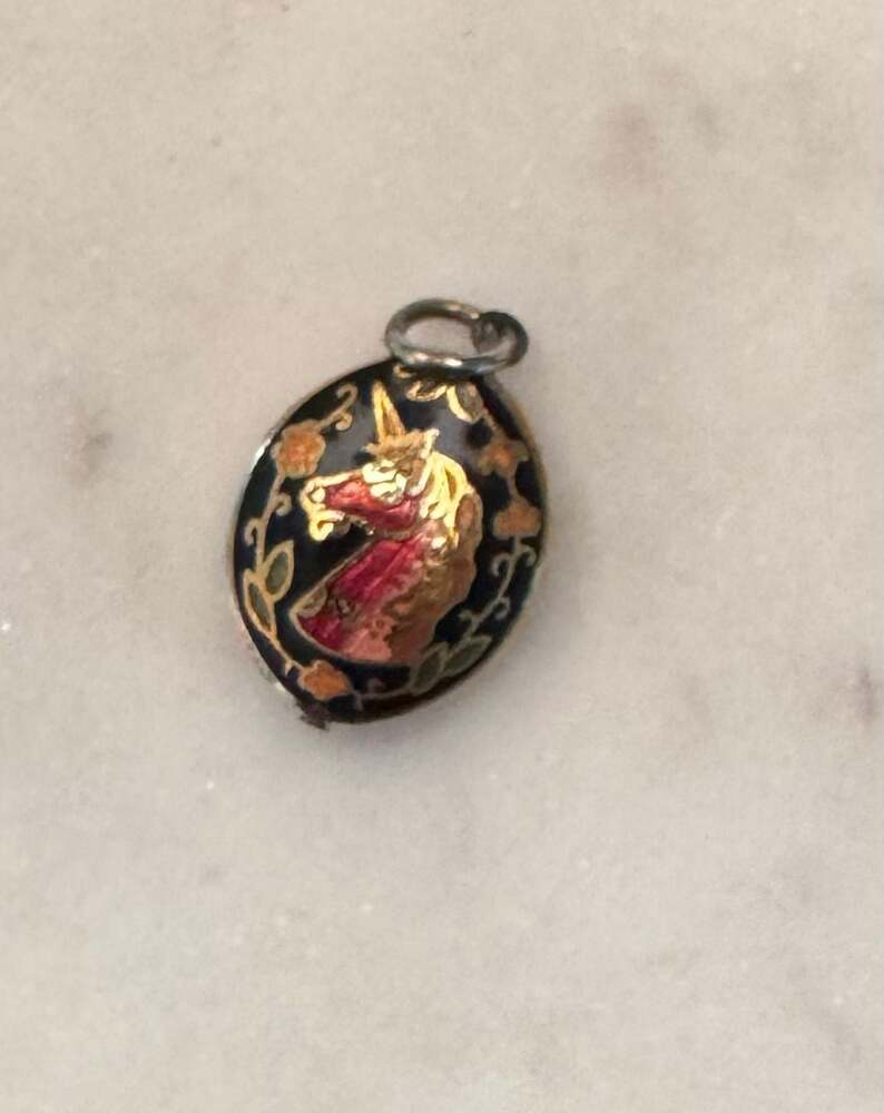 Vintage 80s Cloisonne Unicorn Pendant Double Sided Oval Shape Black Gold